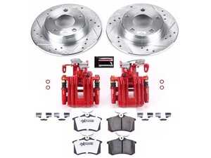 ES#4800594 - KC941-26 - Z26 Street Warrior Brake Upgrade Kit with Red Powder Coated Calipers - Rear - 255mm drilled and slotted zinc-plated solid rotors, Z26 Carbon-Fiber Ceramic low-dust brake pads, red powder-coated remanufactured rear calipers with brackets and mechanical parking brake assemblies, and premium stainless steel installation hardware. - Power Stop - Audi