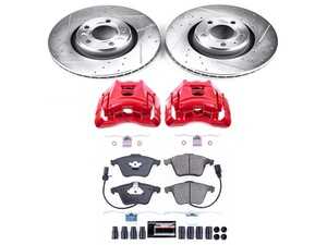 ES#4799363 - KC2993 - Z23 Evolution Sport Brake Upgrade Kit with Red Powder Coated Calipers - Front - Brake upgrade kit featuring 321mm drilled and slotted zinc-plated rotors, Z23 Carbon-Fiber Ceramic low-dust brake pads with integrated wear sensors, red powder-coated remanufactured front calipers with brackets, and premium stainless steel hardware - Power Stop - Audi