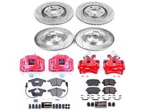 ES#4799460 - KC4010 - Power Stop Z23 Evolution Sport Front & Rear Brake Kit with Calipers (345mm/300mm) - A performance complete 4-wheel upgrade featuring precision cross-drilled & slotted rotors, low-dust carbon-fiber ceramic pads, and remanufactured red powder-coated calipers. - Power Stop - Audi