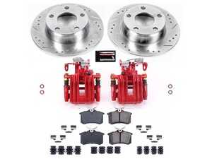 ES#4799695 - KC4845 - Z23 Evolution Sport Brake Upgrade Kit with Red Powder Coated Calipers - Rear - 255mm drilled and slotted zinc-plated solid rotors, Z23 Carbon-Fiber Ceramic low-dust brake pads, red powder-coated remanufactured rear calipers with brackets and mechanical parking brake assemblies, and premium stainless steel installation hardware. - Power Stop - Audi