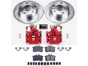 ES#4800528 - KC849 - Z23 Evolution Sport Brake Upgrade Kit with Red Powder Coated Calipers - Rear - 245mm drilled and slotted zinc-plated solid rotors, Z23 Carbon-Fiber Ceramic low-dust brake pads, red powder-coated remanufactured rear calipers with brackets and parking brake assemblies, and premium stainless steel installation hardware. - Power Stop - Audi