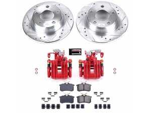 ES#4800593 - KC941 - Z23 Evolution Sport Brake Upgrade Kit with Red Powder Coated Calipers - Rear - 255mm drilled and slotted zinc-plated solid rotors, Z23 Carbon-Fiber Ceramic low-dust brake pads, red powder-coated remanufactured rear calipers with brackets and mechanical parking brake assemblies, and premium stainless steel installation hardware. - Power Stop - Audi