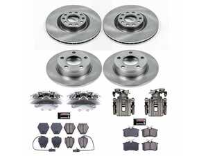 ES#4802413 - KC0E950 - Autospecialty OE Replacement 1-Click Brake Kit with Calipers - Pair (321mm/255mm) - 321mm front vented and 255mm rear solid OE-style smooth rotors, Z17 Evolution low-dust ceramic brake pads with integrated front wear sensors, remanufactured dual-piston front and single-piston rear calipers, and all essential mounting hardware. - Power Stop - Audi