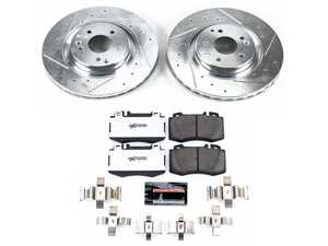 ES#3989874 - K2950-26 - Power Stop Z26 Street Warrior Front Brake Kit (330mm) - A high-performance front axle upgrade package featuring precision cross-drilled & slotted zinc-plated vented rotors, extreme-duty Z26 carbon-fiber ceramic pads, and a replacement electronic wear sensor. - Power Stop - Mercedes Benz