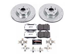 ES#3990166 - K6601-26 - Power Stop Z26 Street Warrior Front Brake Kit (330mm) - A premium front-axle street performance upgrade package featuring precision cross-drilled & slotted zinc-plated rotors, extreme-duty low-dust carbon-fiber ceramic road pads, and a matching electronic wear sensor. - Power Stop - Mercedes Benz