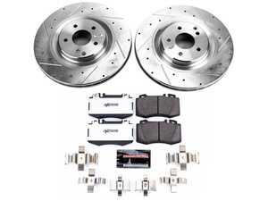 ES#4675350 - K6205-26 - Power Stop Z26 Extreme Street Warrior Front Brake Kit (345mm) - An ultra-high performance front axle upgrade featuring oversized precision cross-drilled & slotted performance rotors, extreme carbon-fiber ceramic formula pads, and replacement electronic wear sensors. - Power Stop - Mercedes Benz