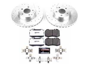 ES#4675372 - K7771-26 - Power Stop Z26 Extreme Street Warrior Front Brake Kit (312mm) - An ultra-high performance front axle upgrade featuring precision cross-drilled & slotted rotors, extreme carbon-fiber ceramic formula pads, and replacement electronic wear sensors. - Power Stop - Mercedes Benz