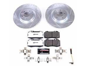 ES#4675373 - K7788-26 - Power Stop Z26 Street Warrior Front Brake Kit (345mm) - A high-performance street and muscle upgrade front-axle kit featuring precision cross-drilled & slotted zinc-plated rotors, extreme-temperature carbon-fiber ceramic track/road pads, and a matching electronic wear sensor. - Power Stop - Mercedes Benz