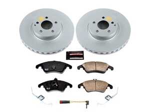 ES#3989048 - CRK5792 - Power Stop Euro-Stop Premium Front Brake Kit (322mm) - A premium European-style front-axle restoration package featuring ECE-R90 certified semi-metallic brake pads, fully GEOMET coated smooth high-carbon iron vented rotors, and a matching replacement electronic wear sensor. - Power Stop - Mercedes Benz