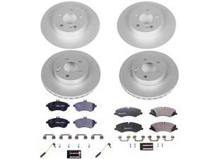 ES#3145616 - ESK5791 - Power Stop Euro-Stop Premium Front & Rear Brake Kit (295mm/300mm) - A premium European-style 4-wheel restoration package featuring ECE-R90 certified semi-metallic pads, genuine GEOMET? coated smooth high-carbon iron rotors, and a complete layout of replacement electronic wear sensors. - Power Stop - Mercedes Benz