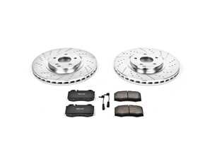 ES#3156721 - K2950 - Power Stop Z23 Evolution Sport Front Brake Kit (330mm) - A high-performance front axle upgrade package featuring precision cross-drilled & slotted zinc-plated vented rotors, low-dust carbon-fiber ceramic pads, and a replacement electronic wear sensor. - Power Stop - Mercedes Benz