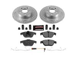 ES#3989969 - K5625 - Power Stop Z23 Evolution Sport Rear Brake Kit (300mm/Solid) - A premium rear-axle performance upgrade package featuring precision cross-drilled & slotted zinc-plated rotors, low-dust carbon-fiber ceramic road pads, and a matching electronic wear sensor. - Power Stop - Mercedes Benz