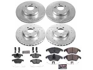 ES#3990014 - K5793 - Power Stop Z23 Evolution Sport Front & Rear Brake Kit (322mm/300mm) - A premium complete 4-wheel performance upgrade package featuring precision cross-drilled & slotted zinc-plated rotors, low-dust carbon-fiber ceramic pads, and matching replacement electronic wear sensors. - Power Stop - Mercedes Benz