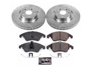 ES#3990114 - K6207 - Power Stop Z23 Evolution Sport Front Brake Kit (344mm) - A premium front-axle performance upgrade package featuring precision cross-drilled & slotted zinc-plated rotors, low-dust carbon-fiber ceramic road pads, and a matching electronic wear sensor. - Power Stop - Mercedes Benz