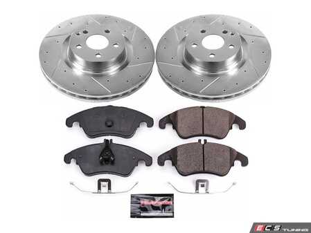 ES#3990114 - K6207 - Power Stop Z23 Evolution Sport Front Brake Kit (344mm) - A premium front-axle performance upgrade package featuring precision cross-drilled & slotted zinc-plated rotors, low-dust carbon-fiber ceramic road pads, and a matching electronic wear sensor. - Power Stop - Mercedes Benz