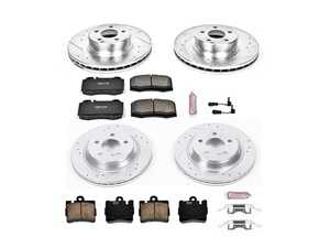 ES#3157542 - K6211 - Power Stop Z23 Evolution Sport Front & Rear Brake Kit (330mm/300mm) - A premium 4-wheel performance upgrade package featuring precision cross-drilled & slotted zinc-plated rotors, low-dust carbon-fiber ceramic pads, and a complete matching layout of replacement electronic wear sensors. - Power Stop - Mercedes Benz