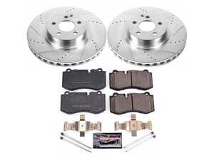 ES#3990117 - K6231 - Power Stop Z23 Evolution Sport Front Brake Kit (335mm) - A premium front-axle performance upgrade package featuring precision cross-drilled & slotted zinc-plated rotors, low-dust carbon-fiber ceramic road pads, and a matching electronic wear sensor. - Power Stop - Mercedes Benz