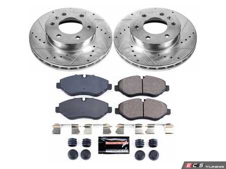ES#3990121 - K6236 - Power Stop Z23 Evolution Sport Front Brake Kit - A premium front-axle performance upgrade package featuring precision cross-drilled & slotted zinc-plated rotors, low-dust carbon-fiber ceramic road pads, and matching electronic wear sensors. - Power Stop - Mercedes Benz