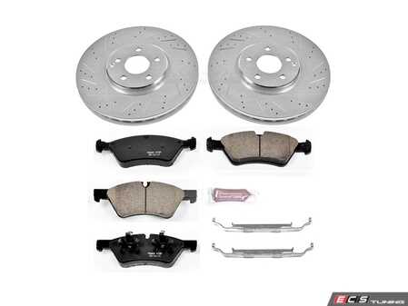ES#3157596 - K6357 - Power Stop Z23 Evolution Sport Front Brake Kit (330mm) - A premium front-axle performance upgrade package featuring precision cross-drilled & slotted zinc-plated rotors, low-dust carbon-fiber ceramic pads, and a replacement electronic wear sensor. - Power Stop - Mercedes Benz