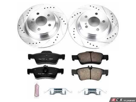 ES#3990148 - K6566 - Power Stop Z23 Evolution Sport Rear Brake Kit - A premium rear-axle performance upgrade package featuring precision cross-drilled & slotted zinc-plated performance rotors, low-dust carbon-fiber ceramic road pads, and an included replacement electronic wear sensor. - Power Stop - Mercedes Benz