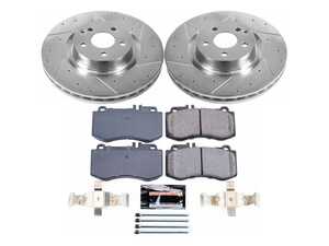 ES#3990169 - K6640 - Power Stop Z23 Evolution Sport Front Brake Kit (344mm) - A premium front-axle performance upgrade package featuring precision cross-drilled & slotted zinc-plated rotors, low-dust carbon-fiber ceramic road pads, and matching electronic wear sensors. - Power Stop - Mercedes Benz