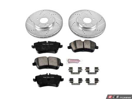 ES#3157699 - K6702 - Power Stop Z23 Evolution Sport Front Brake Kit (300mm) - A premium front-axle performance upgrade package featuring precision cross-drilled & slotted zinc-plated rotors, low-dust carbon-fiber ceramic road pads, and a matching electronic wear sensor. - Power Stop - Mercedes Benz