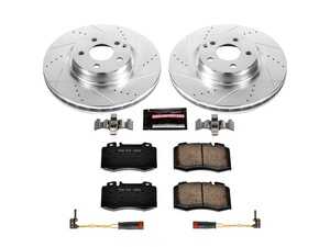 ES#3990200 - K6750 - Power Stop Z23 Evolution Sport Front Brake Kit (330mm) - A premium front-axle performance upgrade package featuring precision cross-drilled & slotted zinc-plated rotors, low-dust carbon-fiber ceramic pads, and a replacement set of electronic wear sensors. - Power Stop - Mercedes Benz
