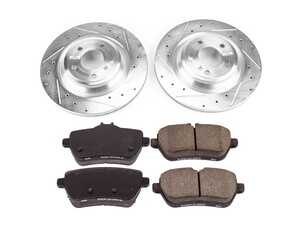 ES#3990233 - K6904 - Power Stop Z23 Evolution Sport Rear Brake Kit (320mm) - A premium rear-axle performance upgrade package featuring precision cross-drilled & slotted zinc-plated rotors, low-dust carbon-fiber ceramic road pads, and an OEM-grade replacement electronic wear sensor. - Power Stop - Mercedes Benz