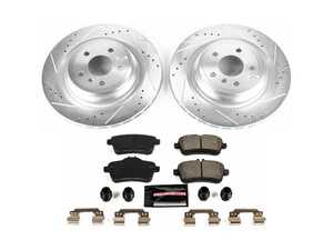 ES#3990308 - K7438 - Power Stop Z23 Evolution Sport Rear Brake Kit (330mm) - A high-performance rear axle upgrade package featuring precision cross-drilled & slotted zinc-plated vented rotors, low-dust carbon-fiber ceramic pads, and a replacement electronic wear sensor. - Power Stop - Mercedes Benz