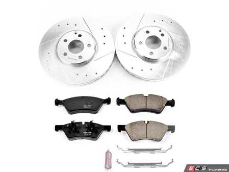 ES#3990407 - K7768 - Power Stop Z23 Evolution Sport Front Brake Kit (330mm) - A high-performance front axle upgrade featuring precision cross-drilled & slotted vented rotors, low-dust carbon-fiber ceramic pads, and replacement electronic wear sensors. - Power Stop - Mercedes Benz