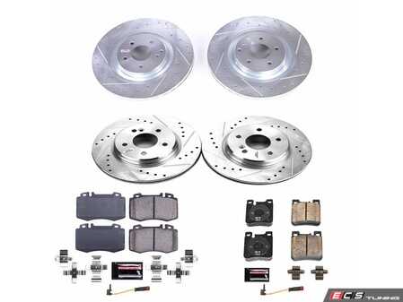 ES#3990413 - K7828 - Power Stop Z23 Evolution Sport Front & Rear Brake Kit - A complete 4-wheel performance upgrade package featuring precision cross-drilled & slotted zinc-plated rotors, low-dust carbon-fiber ceramic road pads, and premium installation hardware with electronic wear sensors. - Power Stop - Mercedes Benz