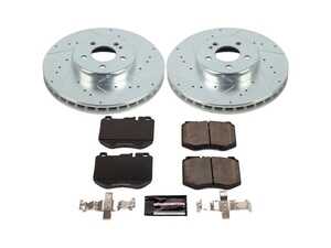 ES#4675379 - K8073 - Power Stop Z23 Evolution Sport Front Brake Kit (342mm) - A high-performance front axle upgrade package featuring precision cross-drilled & slotted performance rotors, low-dust carbon-fiber ceramic pads, and a replacement electronic wear sensor. - Power Stop - Mercedes Benz