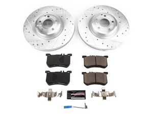 ES#4675409 - K8704 - Power Stop Z23 Evolution Sport Front Brake Kit (342mm) - A high-performance front-axle upgrade package featuring precision cross-drilled & slotted zinc-plated performance rotors, low-dust carbon-fiber ceramic pads, and a replacement electronic wear sensor. - Power Stop - Mercedes Benz