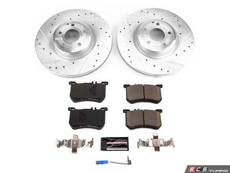 ES#4675409 - K8704 - Power Stop Z23 Evolution Sport Front Brake Kit (342mm) - A high-performance front-axle upgrade package featuring precision cross-drilled & slotted zinc-plated performance rotors, low-dust carbon-fiber ceramic pads, and a replacement electronic wear sensor. - Power Stop - Mercedes Benz
