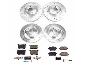 ES#4675411 - K8735 - Power Stop Z23 Evolution Sport Front & Rear Brake Kit (342mm/320mm) - A high-performance complete 4-wheel upgrade package featuring precision cross-drilled & slotted zinc-plated performance rotors, low-dust carbon-fiber ceramic pads, and a replacement set of electronic wear sensors. - Power Stop - Mercedes Benz
