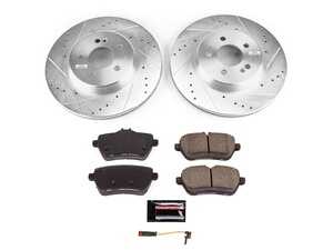 ES#4798627 - K9151 - Power Stop Z23 Evolution Sport Rear Brake Kit (320mm) - A high-performance rear axle upgrade package featuring precision cross-drilled & slotted zinc-plated vented rotors, low-dust carbon-fiber ceramic pads, and a replacement electronic wear sensor. - Power Stop - Mercedes Benz
