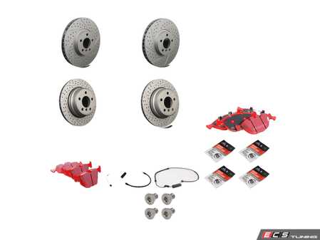 ES#2598269 - ECSE53341121-7KT - Performance Front And Rear Brake Service Kit - Featuring ECS GEOMET cross drilled and slotted rotors and EBC Redstuff pads - Assembled By ECS - 
