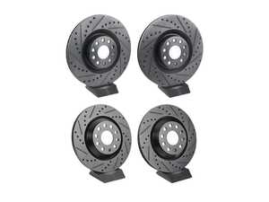 ES#5446084 - 1K0615301AR-XSKT - Front & Rear V5 Drilled & Slotted Brake Rotors - Set (345x30/310x22) - Precision manufactured for consistent stopping power during high performance driving. Featuring a matte black zinc coating for corrosion protection. - ECS - Volkswagen