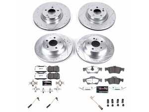 ES#5480917 - K6598-26 - Power Stop Z26 Street Warrior Front & Rear Brake Kit (330mm/300mm) - A premium 4-wheel extreme street performance upgrade package featuring precision cross-drilled & slotted zinc-plated rotors, extreme low-dust Z26 carbon-fiber ceramic pads with stainless steel shims, and a complete set of replacement electronic wear senso - Power Stop - Mercedes Benz