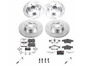 ES#5481025 - K6754-26 - Power Stop Z26 Street Warrior Front & Rear Brake Kit (330mm/300mm) - A high-performance 4-wheel upgrade package featuring precision cross-drilled & slotted zinc-plated rotors, extreme-duty Z26 carbon-fiber ceramic road pads, premium stainless steel backing shims, and replacement electronic wear sensors. - Power Stop - Mercedes Benz