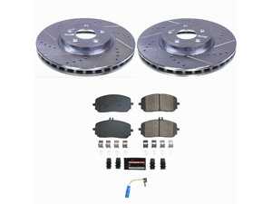 ES#5481053 - K9295 - Power Stop Z23 Evolution Sport Front Brake Kit (330mm) - A premium front-axle performance upgrade package featuring precision cross-drilled & slotted zinc-plated rotors, low-dust carbon-fiber ceramic pads, and an OEM-grade replacement electronic wear sensor. - Power Stop - Mercedes Benz