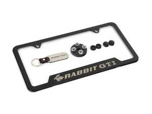 ES#3571859 - 5G0087700 - Rabbit GTI Edition License Plate Frame Kit - Black stainless steel plate frame, brushed aluminum key chain, and valve stem caps with the Rabbit logo - Genuine Volkswagen Audi - Volkswagen