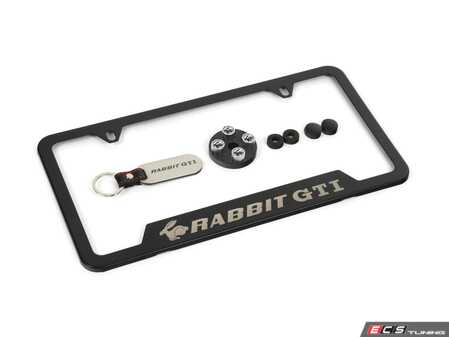 ES#3571859 - 5G0087700 - Rabbit GTI Edition License Plate Frame Kit - Black stainless steel plate frame, brushed aluminum key chain, and valve stem caps with the Rabbit logo - Genuine Volkswagen Audi - Volkswagen
