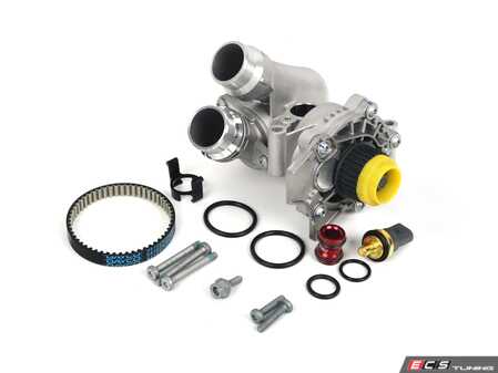 ES#3663665 - 06h121026ddktKT4 - Upgraded Aluminum Water Pump Kit - Includes a new water pump, belt, aluminum thermostat/housing, temperature sensor, aluminum union piece & hardware. - Assembled By ECS - Audi Volkswagen
