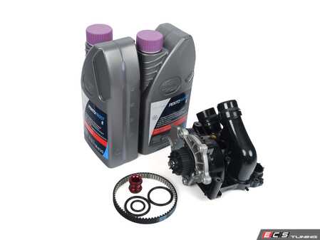 ES#4765652 - 06J121026NKT2 - Water Pump Kit with Coolant  - Includes a new water pump, belt, thermostat/housing, aluminum union piece & hardware, and G13 coolant - Assembled By ECS - Audi Volkswagen