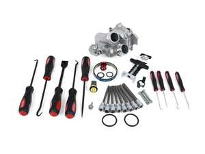 ES#4752748 - 06H121026DDKTKT5 - Upgraded Aluminum Water Pump Kit with Tools - Includes a new water pump, belt, aluminum thermostat/housing, temperature sensor, aluminum union piece, hardware, and the tools - Assembled By ECS - Audi Volkswagen