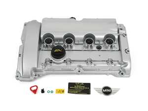 ES#5504642 - 11127646555SKT - Valve Cover With PCV - Upgraded Metal - Emblem And Sticker Kit - Keep your MINI engine looking new : part of the PCV system / Cylinder Head Cover.  Metal main, metal top, with plastics PCV section - Assembled By ECS - MINI