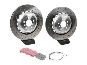 ES#5411686 - 34212284104kKT - Rear Brake Service Kit  - Features SHW Performance cross-drilled rotors, EBC RedStuff pads, and wear sensors. - Assembled By ECS - BMW