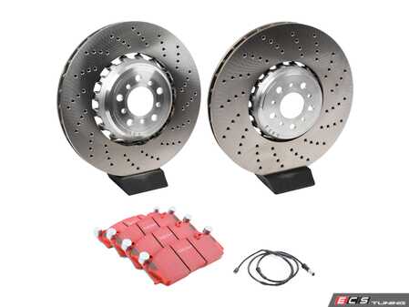 ES#5411989 - 34112284102kKT1 - Front Brake Service Kit  - Features SHW Performance cross-drilled rotors, EBC RedStuff pads, and wear sensors. - Assembled By ECS - BMW