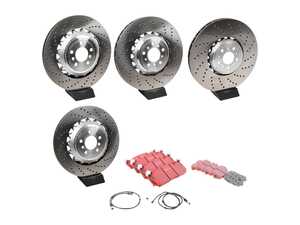 ES#5421186 - 34112284102tkKT - Front And Rear Brake Service Kit  - Features SHW Performance cross-drilled rotors, EBC RedStuff pads, and wear sensors. - Assembled By ECS - BMW